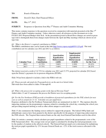 TO :  Board of Education  FROM:  David D. Hart, Chief Financial Officer May 11 th , 2012 DATE: