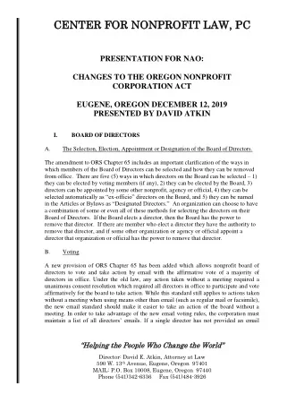 CENTE  NTER FO  R FOR  R NONP  NONPROFI  ROFIT  T LAW  LAW, P  , PC  PRESENTATION FOR NAO:  CHANGES