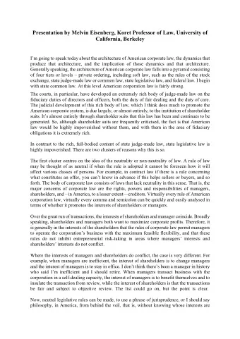 Presentation by Melvin Eisenberg, Koret Professor of Law, University of  California, Berkeley