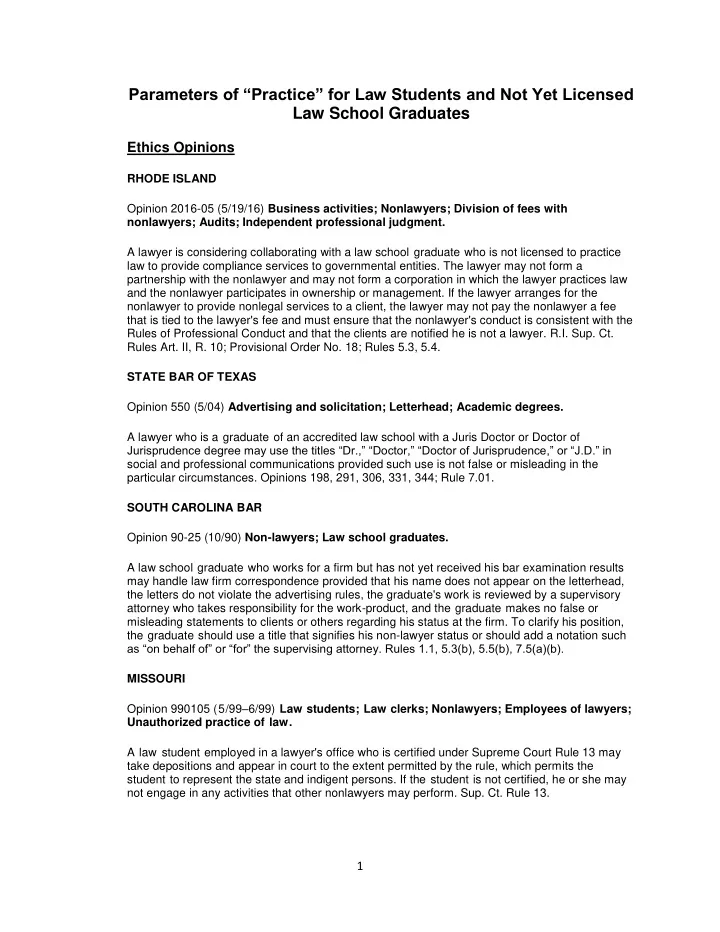 parameters of practice for law students and not yet