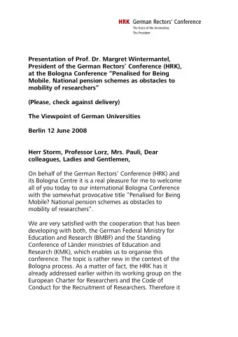 HRK German Rectors' Conference  The Voice of the Universities  The President  Presentation of Prof.