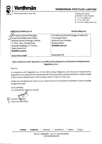 Vardhman Textiles  Invested for the Long Haul  May 2017  Table of Contents  Snapshot