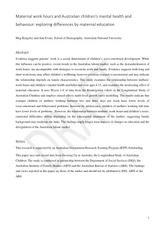 Maternal work hours and Australian childrens mental health and  behaviour: exploring differences