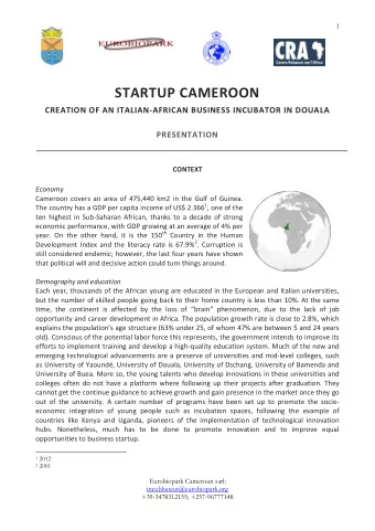 STARTUP CAMEROON  CREATION OF AN ITALIAN-AFRICAN BUSINESS INCUBATOR IN DOUALA PRESENTATION  CONTEXT