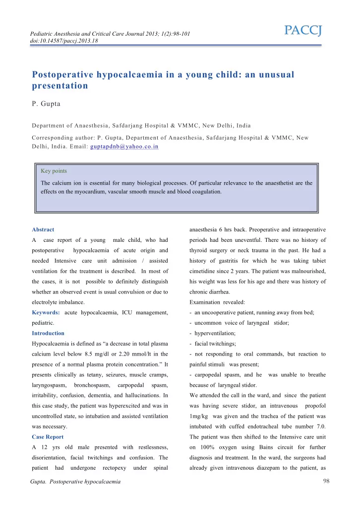 postoperative hypocalcaemia in a young child an unusual