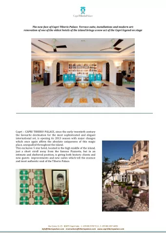 The new face of Capri Tiberio Palace . Terrace suite, installations and modern art: renovation of