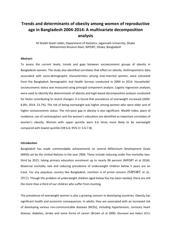 trends and determinants of obesity among women of