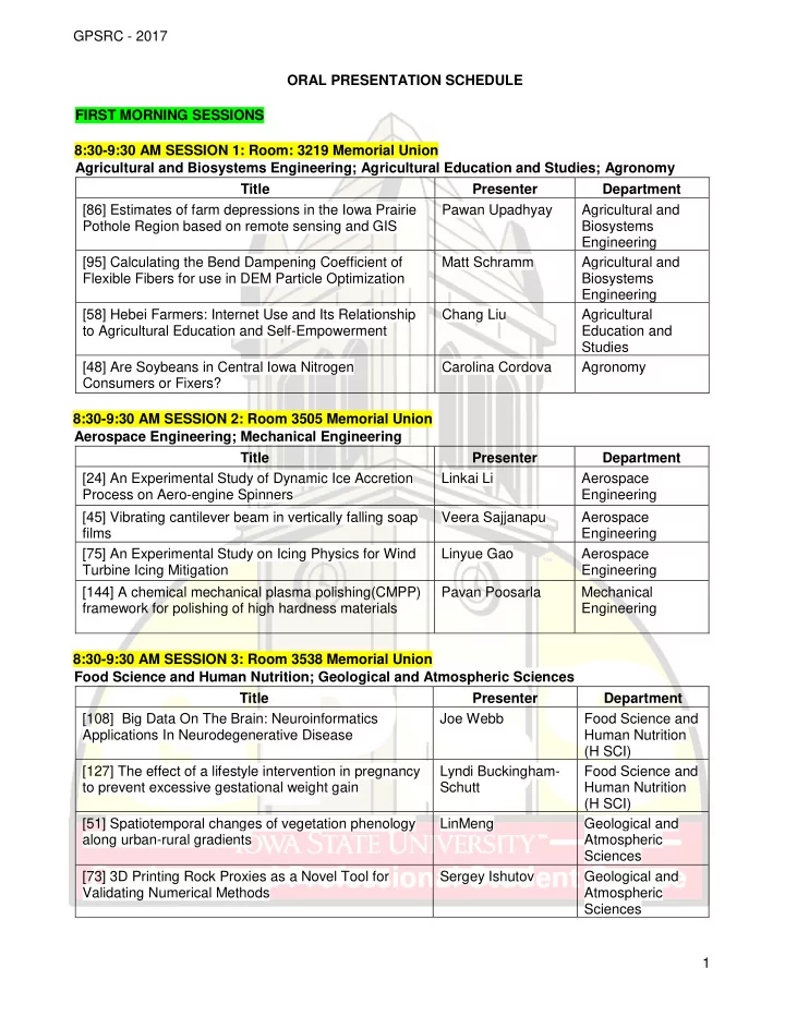 gpsrc 2017 oral presentation schedule first morning