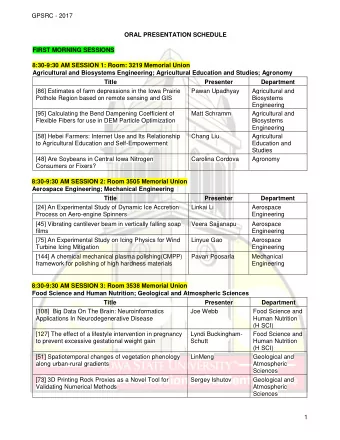GPSRC - 2017 ORAL PRESENTATION SCHEDULE  FIRST MORNING SESSIONS 8:30-9:30 AM SESSION 1: Room: 3219