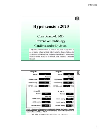 Hypertension 2020  Chris Rembold MD  Preventive Cardiology  Cardiovascular Division  Hypertension
