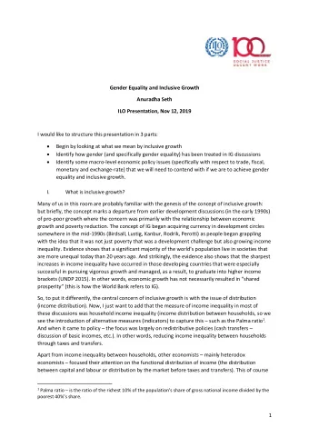 Gender Equality and Inclusive Growth  Anuradha Seth  ILO Presentation, Nov 12, 2019  I would like