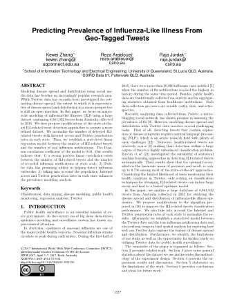 Predicting Prevalence of Influenza-Like Illness From  Geo-Tagged Tweets Kewei Zhang *  Reza