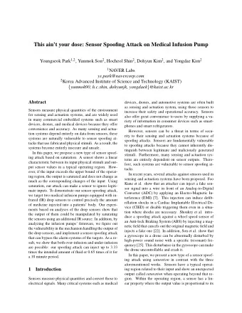 This aint your dose: Sensor Spoofing Attack on Medical Infusion Pump Youngseok Park 1,2 , Yunmok