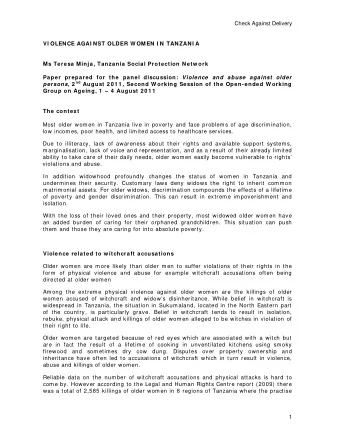 Check Against Delivery  VI OLENCE AGAI NST OLDER W OMEN I N TANZANI A Ms Teresa Minja, Tanzania