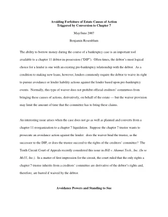Avoiding Forfeiture of Estate Causes of Action  Triggered by Conversion to Chapter 7  May/June 2007