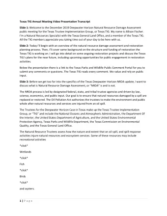 Texas TIG Annual Meeting Video Presentation Transcript Slide 1: Welcome to the December 2019