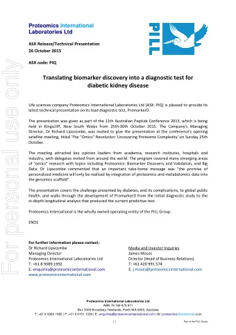 For personal use only ASX code: PIQ  Translating biomarker discovery into a diagnostic test for