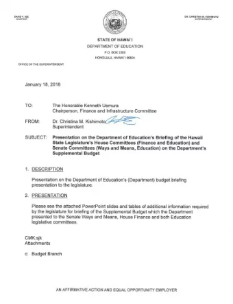 FY 2019  Senate Ways and Means Committee  Senate Committee on Education  JANUARY 16, 2018  House