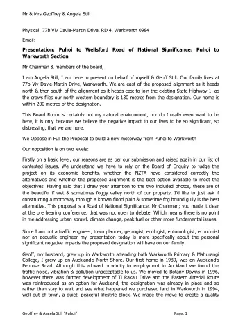 Mr &amp; Mrs Geoffrey &amp; Angela Still  Physical: 77b Viv Davie-Martin Drive, RD 4, Warkworth