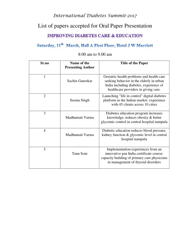 international diabetes summit 2017 list of papers