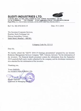 SUDITI INDUSTRIES LTD.  Phiroze Jeejeebhoy Towers,  Bombay Stock Exchange Ltd.  The