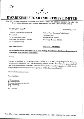 Dwarikesh Sugar Industries Limited  Investor Update- Q2FY20  Safe Harbour Statement This