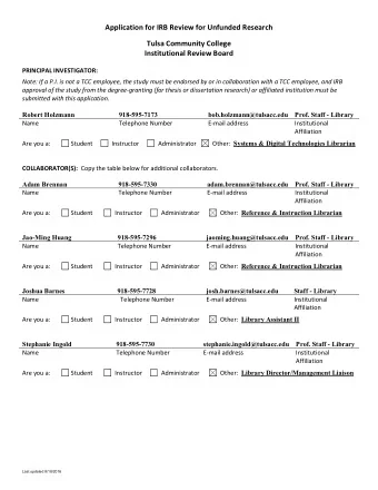 Application for IRB Review for Unfunded Research  Tulsa Community College  Institutional Review