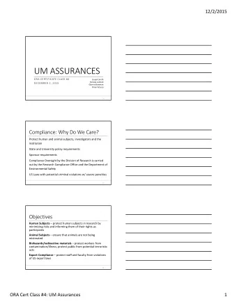 UM ASSURANCES  ORA CERTIFICATE CLASS #4  Joseph Smith  Pamela Lanford  DECEMBER 2, 2015  Glynnis