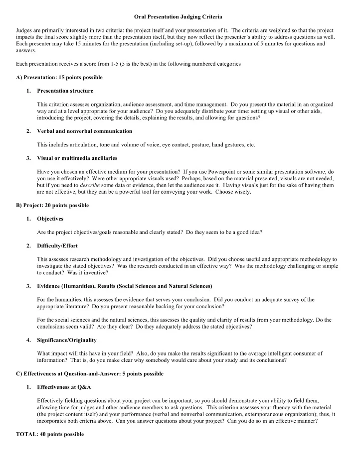oral presentation judging criteria judges are primarily