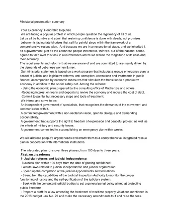 Ministerial presentation summary  Your Excellency, Honorable Deputies  We are facing a popular