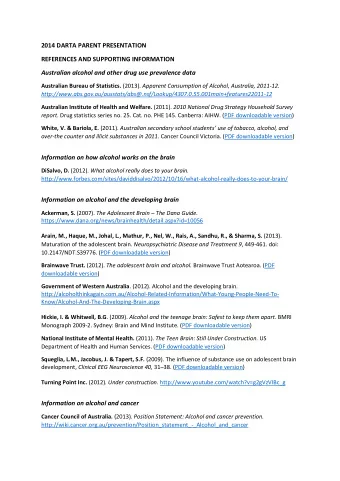 2014 DARTA PARENT PRESENTATION  REFERENCES AND SUPPORTING INFORMATION  Australian alcohol and other