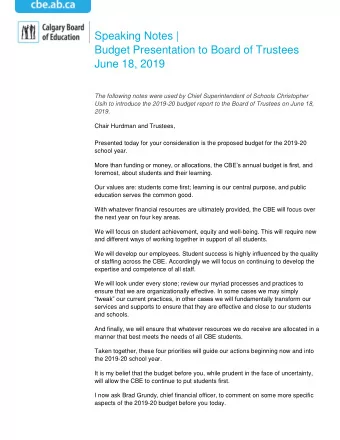 Speaking Notes |  Budget Presentation to Board of Trustees  June 18, 2019  The following notes were