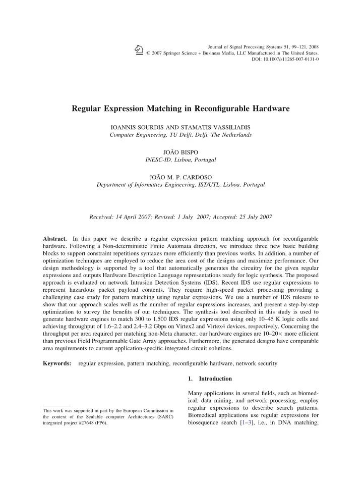 regular expression matching in reconfigurable hardware