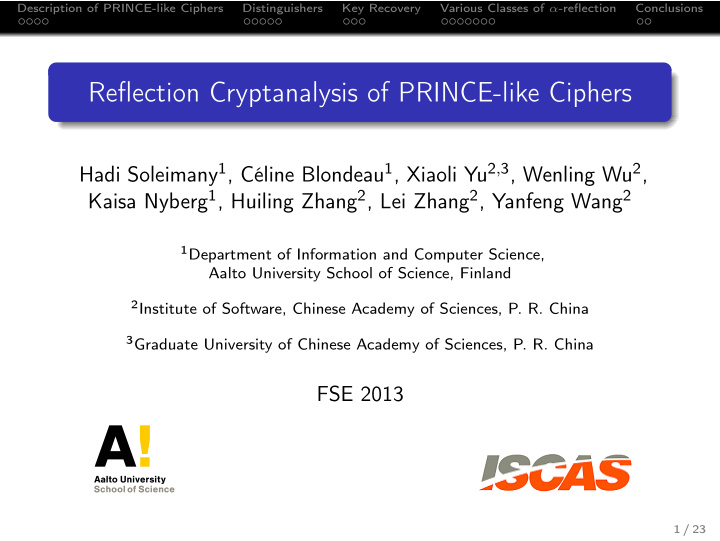 reflection cryptanalysis of prince like ciphers