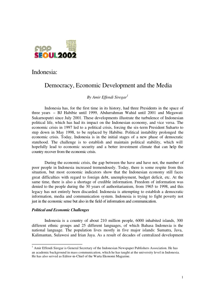 indonesia democracy economic development and the media