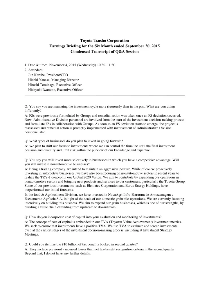 toyota tsusho corporation earnings briefing for the six
