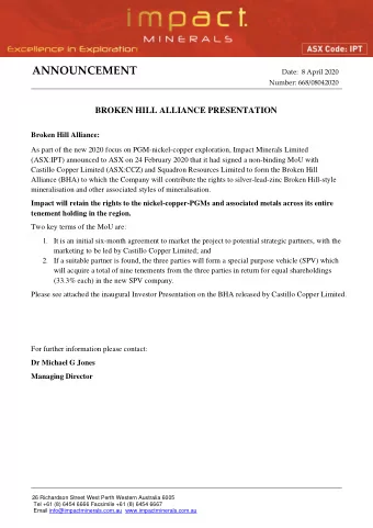 ANNOUNCEMENT  Date:  8 April 2020  Number: 668/08042020  BROKEN HILL ALLIANCE PRESENTATION  Broken