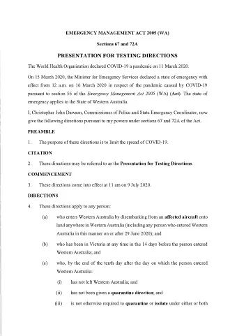 PRESENTATION FOR TESTING DIRECTIONS  The World Health Organization declared COVID-19 a pandemic on