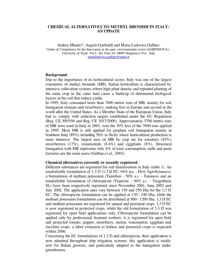 chemical alternatives to methyl bromide in italy an