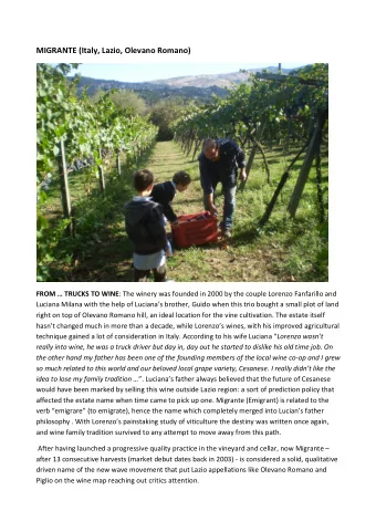 MIGRANTE (Italy, Lazio, Olevano Romano) FROM  TRUCKS TO WINE : The winery was founded in 2000 by