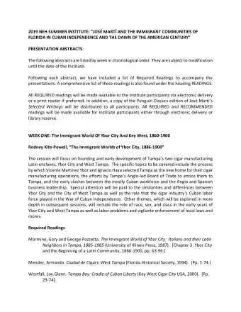 2019 NEH SUMMER INSTITUTE: JOS MART AND THE IMMIGRANT COMMUNITIES OF  FLORIDA IN CUBAN
