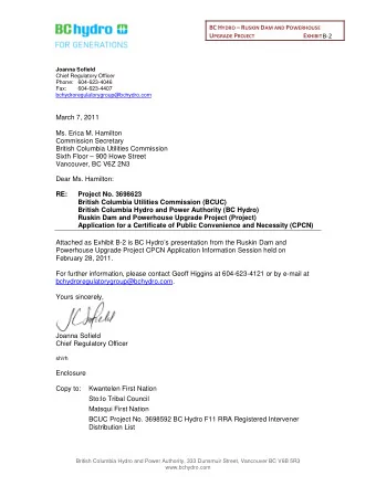 March 7, 2011  Ms. Erica M. Hamilton  Commission Secretary  British Columbia Utilities Commission