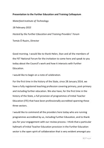Presentation to the Further Education and Training Colloquium  Waterford Institute of Technology