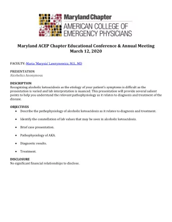 Maryland ACEP Chapter Educational Conference &amp; Annual Meeting  March 12, 2020 FACULTY: Maria
