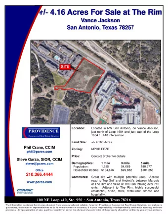 +/- 4.16 Acres For Sale at The Rim  Vance Jackson  San Antonio, Texas 78257  SITE  Location: