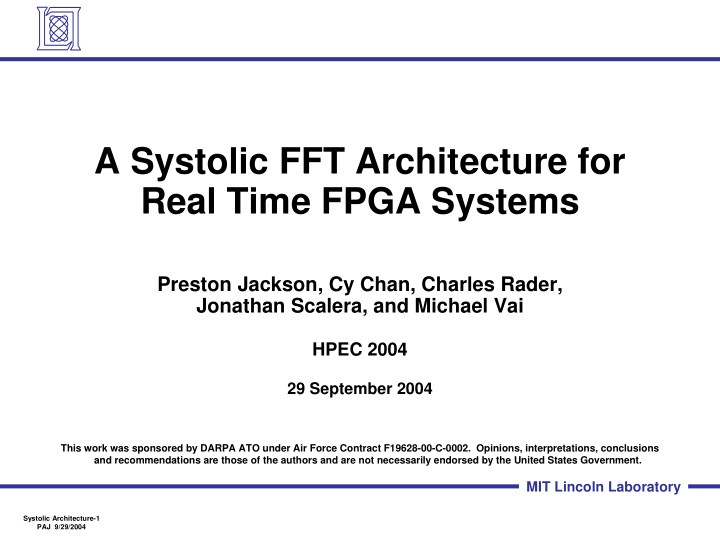 a systolic fft architecture for real time fpga systems