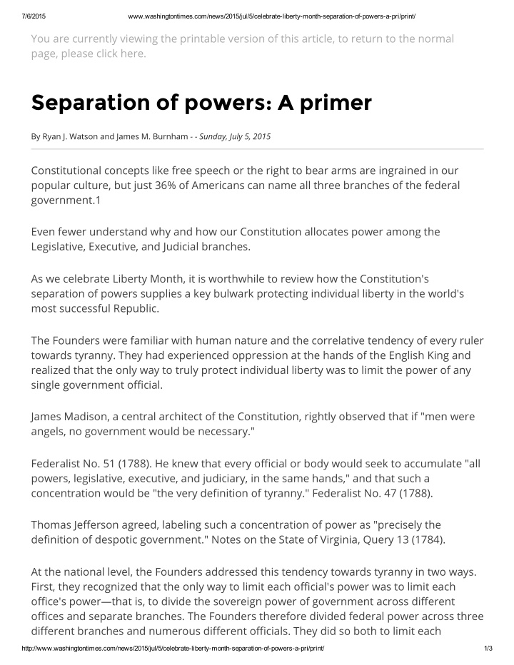 separation of powers a primer