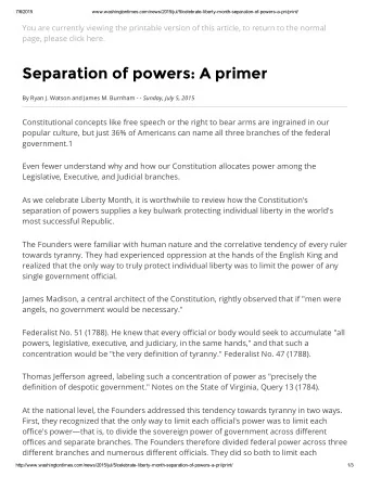 Separation of powers: A primer By Ryan J. Watson and James M. Burnham - - Sunday, July 5, 2015