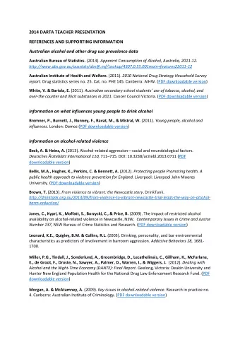 2014 DARTA TEACHER PRESENTATION  REFERENCES AND SUPPORTING INFORMATION  Australian alcohol and
