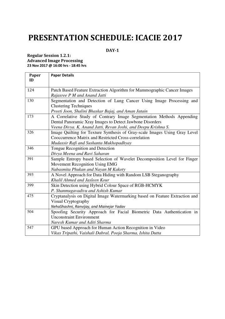 presentation schedule icacie 2017